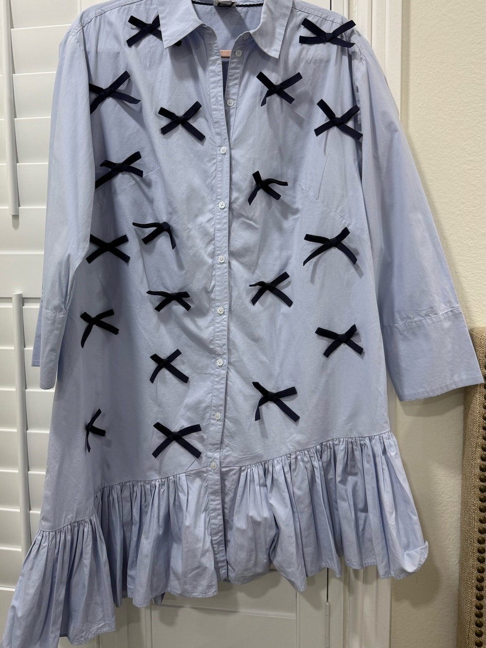 Maeve Light Blue Button-Front Shirt Dress with Navy Bow Details